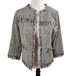 Skies Are Blue Tweed Jacket Fringe Trim Open Front Black Cream Womens Medium Top
